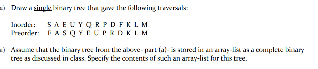 Solved a) Draw a single binary tree that gave the following | Chegg.com