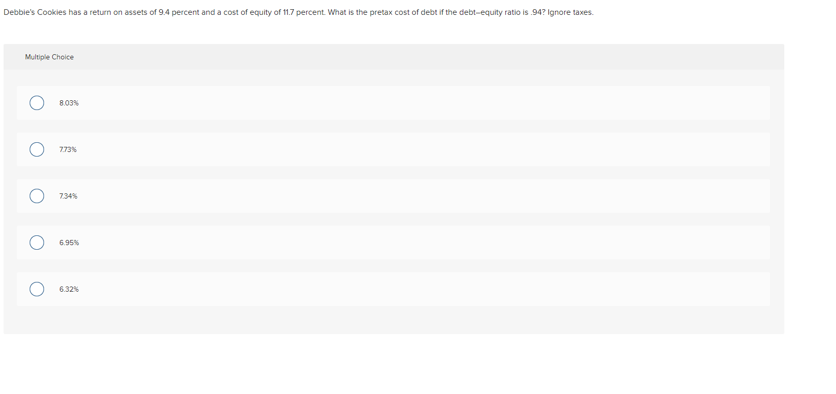 Solved Multiple Choice 8.03% 7.73% 7.34% 6.95% 6.32% | Chegg.com