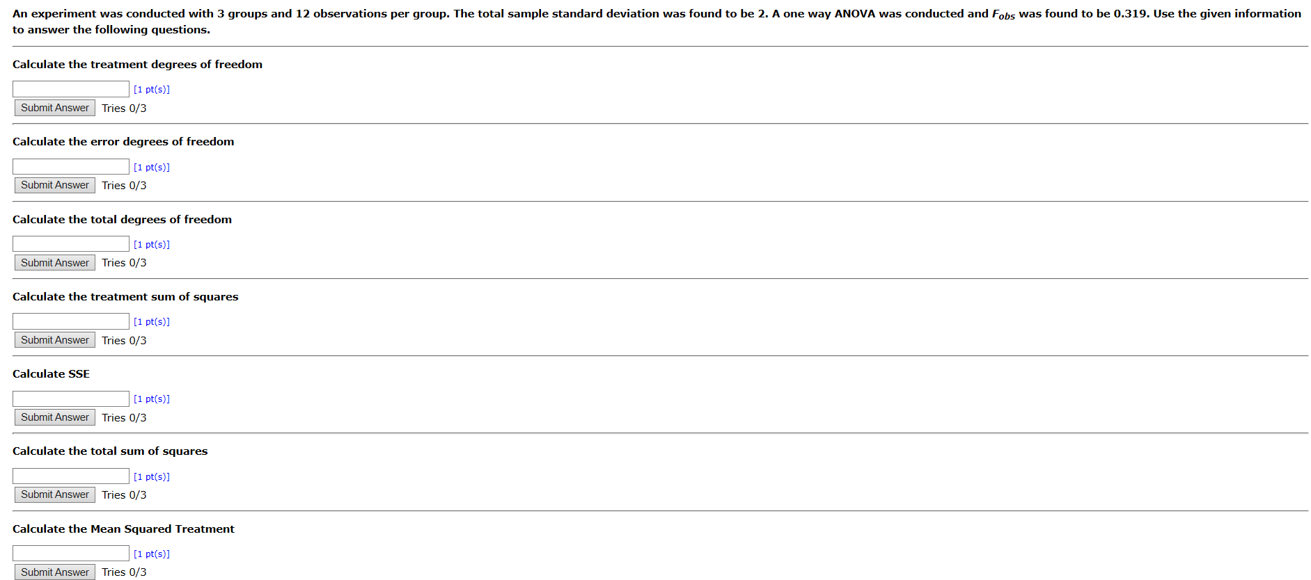 Solved An experiment was conducted with 3 groups and 12 | Chegg.com