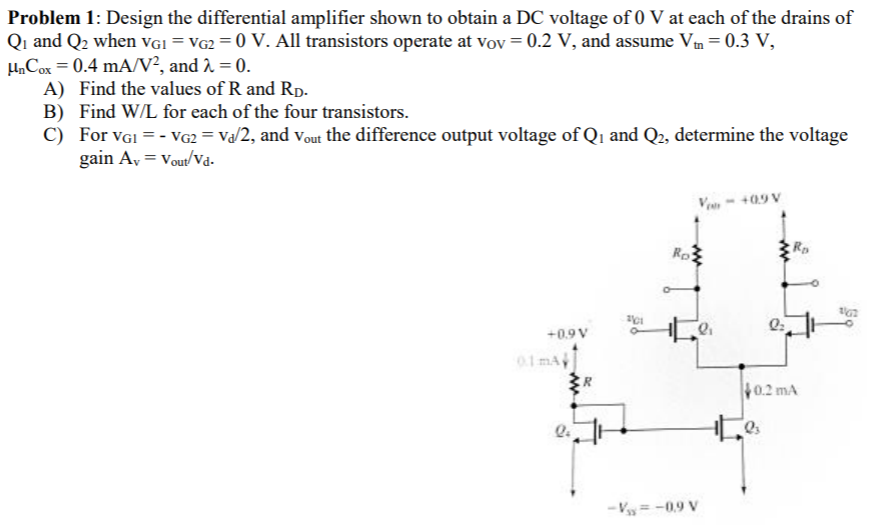 Solved Problem 1: Design the differential amplifier shown to | Chegg.com