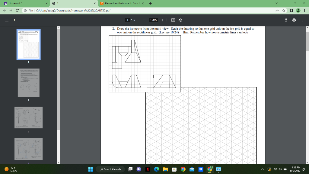 2. Draw the isometric from the multi-view. Scale the drawing so that one grid unit on the iso-grid is equal to one unit on th