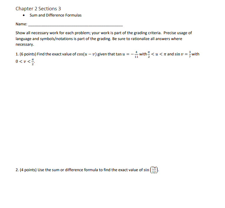 Solved Chapter 2 Sections 3 • Sum and Difference Formulas | Chegg.com