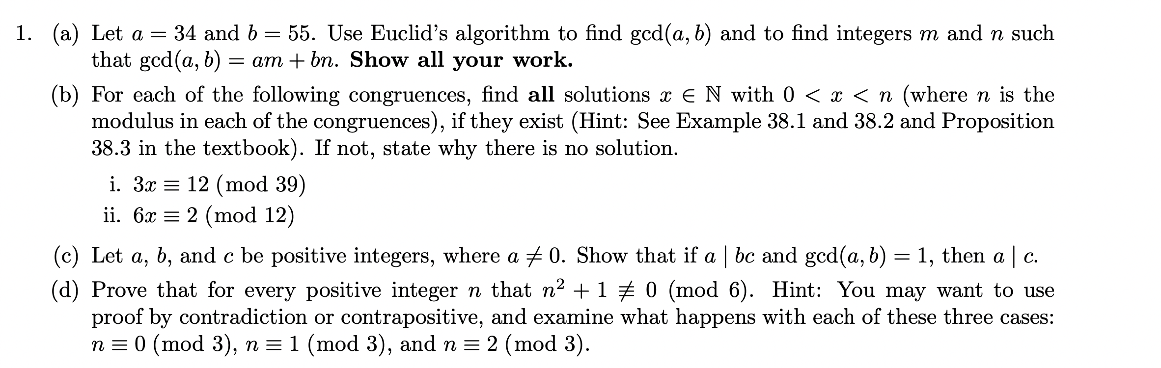 Solved 1. (a) Let A = 34 And B = 55. Use Euclid's Algorithm | Chegg.com