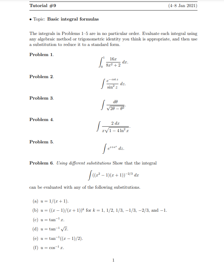 Solved Tutorial #9 (4-8 Jan 2021) Topic: Basic integral | Chegg.com
