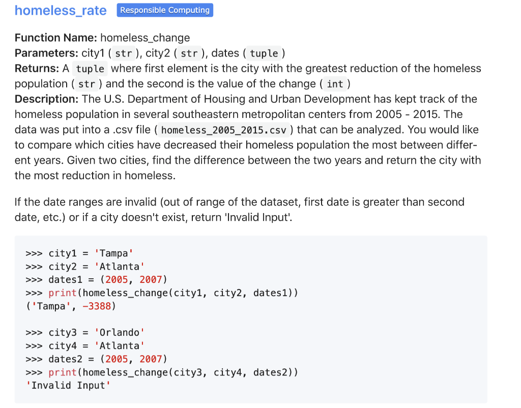 homeless_rate Responsible Computing Function Name: | Chegg.com