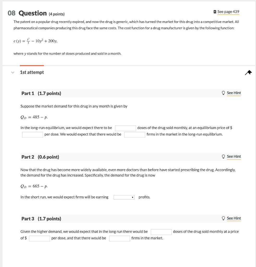 Solved 08 Question (4 points) E See page 439 The patent on a | Chegg.com
