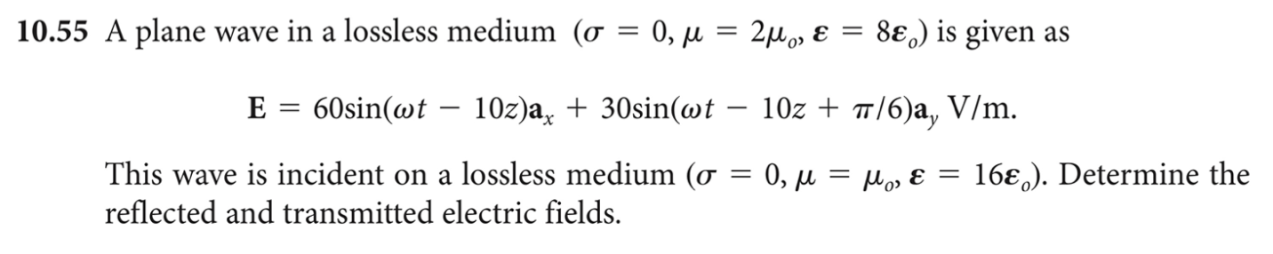 Solved 10.55 A plane wave in a lossless medium (σ = 0, µ = | Chegg.com