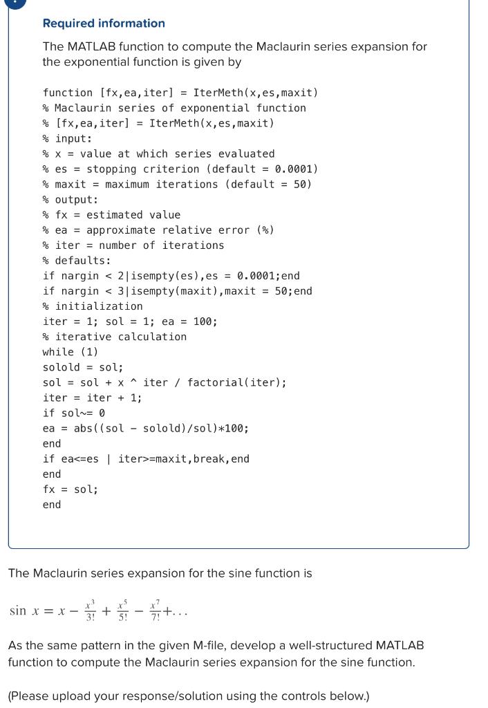 Solved Required information The MATLAB function to compute | Chegg.com