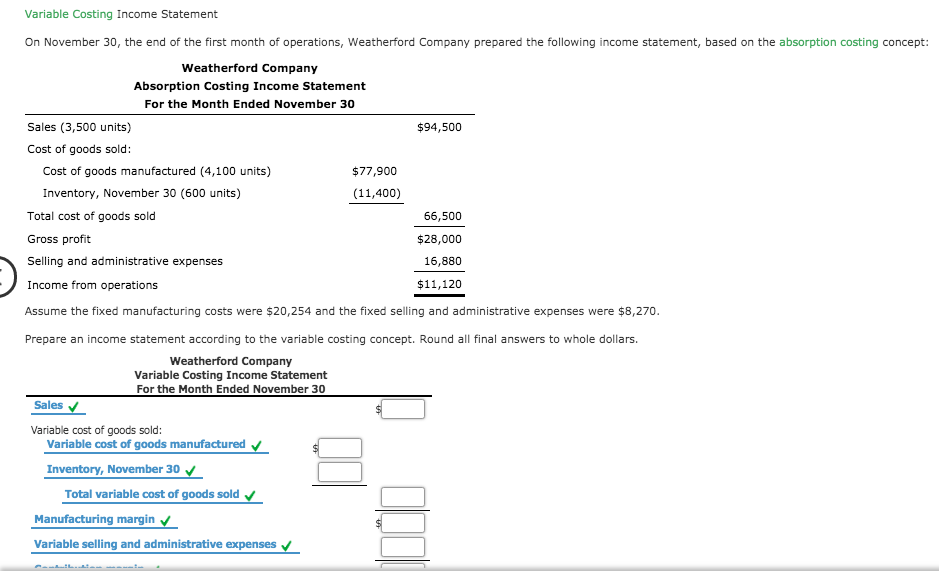 Solved Variable Costing Income Statement On November 30, the | Chegg.com