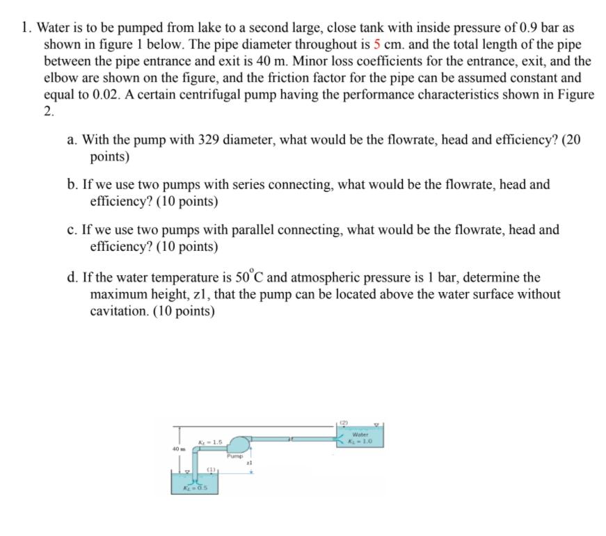 Solved 1. Water is to be pumped from lake to a second large, | Chegg.com