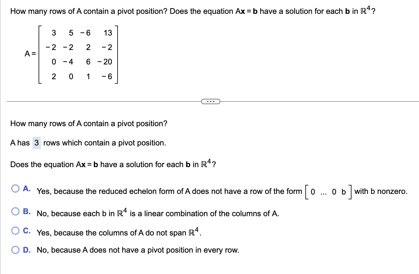 Solved How many rows of A contain a pivot position? Does the | Chegg.com