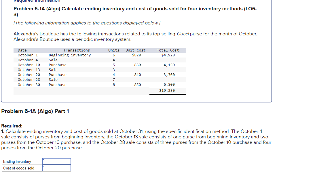 Solved Problem 6-1A (Algo) Calculate ending inventory and | Chegg.com