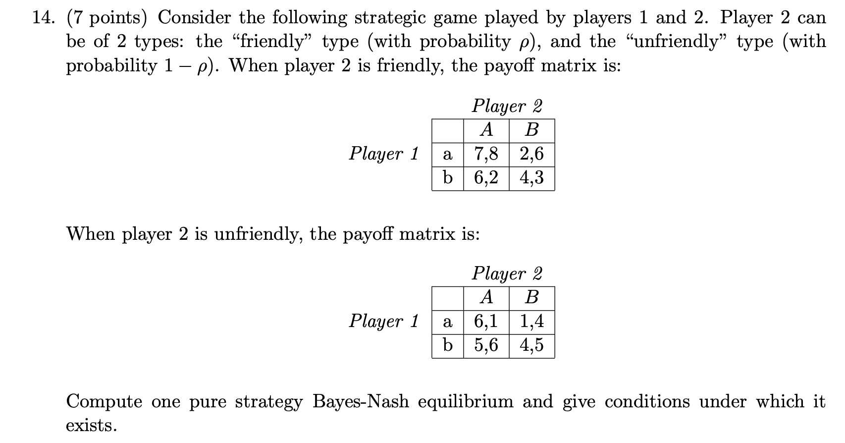 Solved 14. (7 points) Consider the following strategic game | Chegg.com