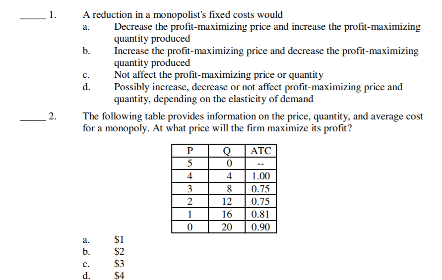 Solved A reduction in a monopolist's fixed costs would a. | Chegg.com