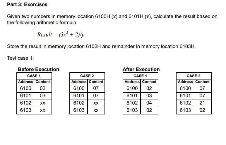 Part 3: Exercises Given two numbers in memory | Chegg.com