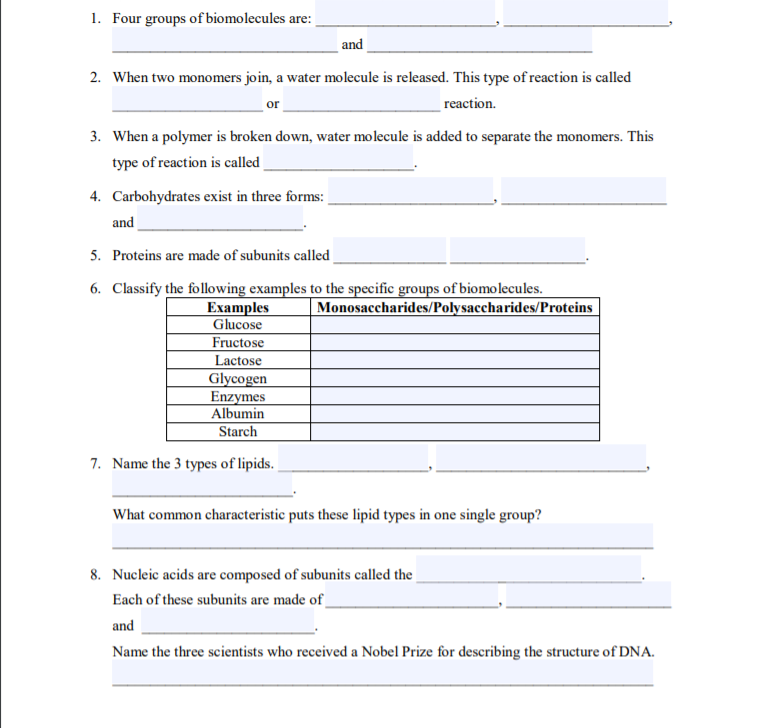 Solved 1. Four groups of biomolecules are: and or 2. When | Chegg.com