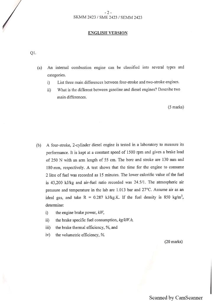 Exam June 2013, questions - INTERNAL COMBUSTION ENGINES (12MMC800) Summer  2013 3 Hours Answer ONLY - Studocu