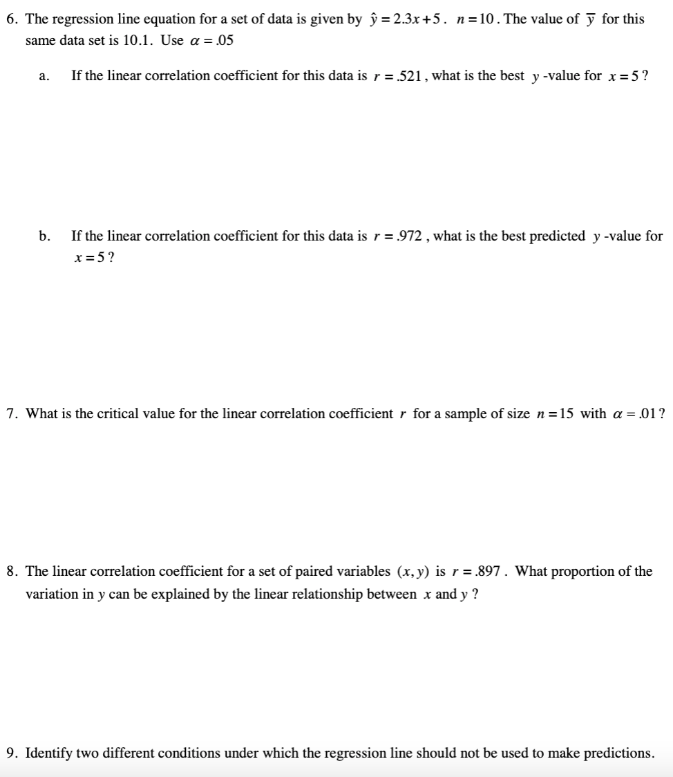 Solved 6. The regression line equation for a set of data is | Chegg.com