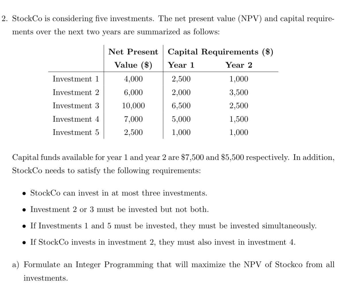 Solved 2. StockCo Is Considering Five Investments. The Net | Chegg.com