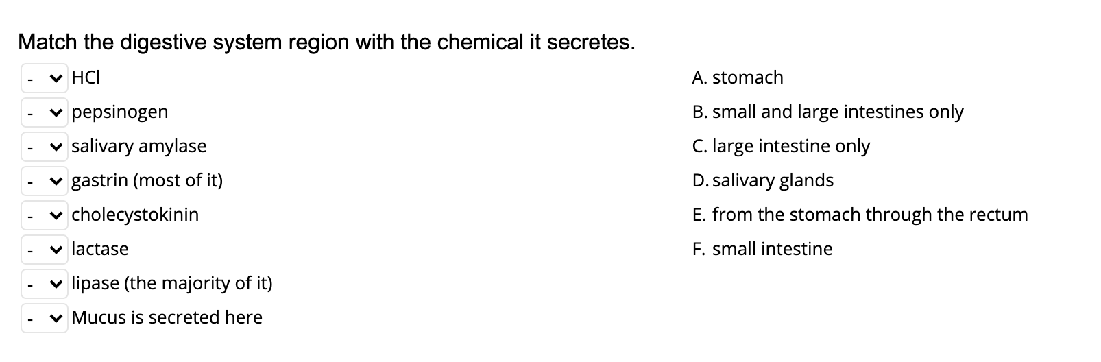 Solved Match the digestive system region with the chemical | Chegg.com