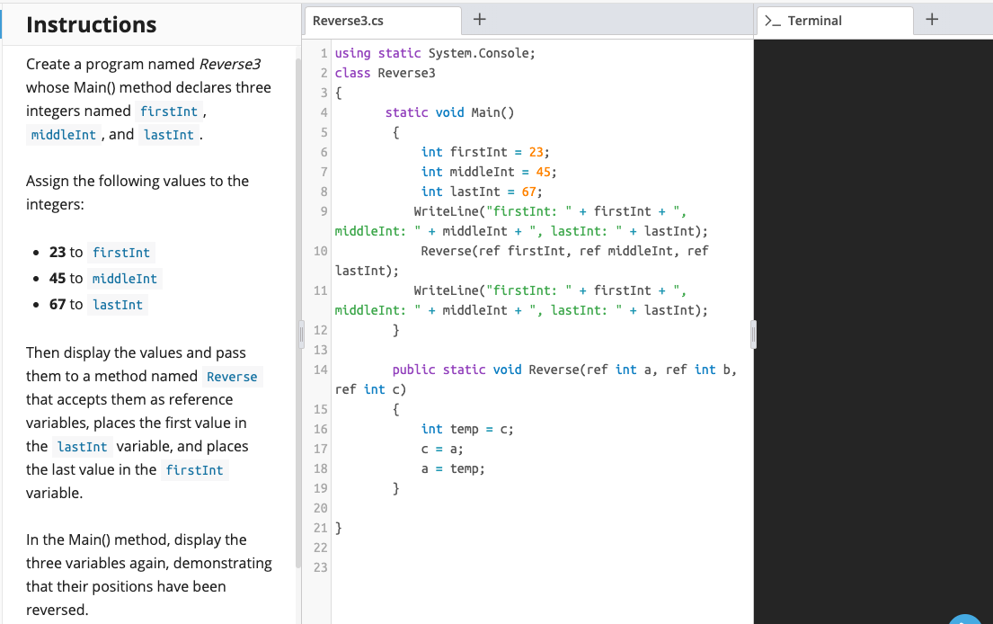 Solved Instructions Reverse3.cs >_ Terminal 1 using static | Chegg.com