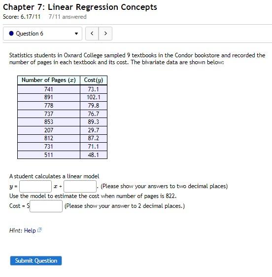 Solved Chapter 7: Linear regression Concepts Score: 6.17/11 | Chegg.com
