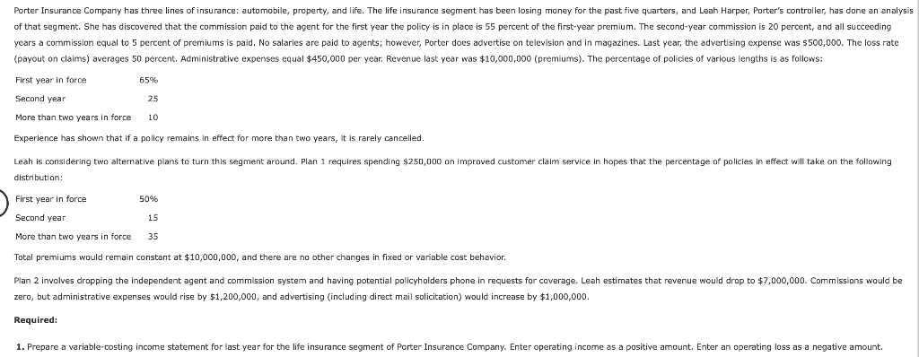 Solved Porter Insurance Company Has Three Lines Of Insura