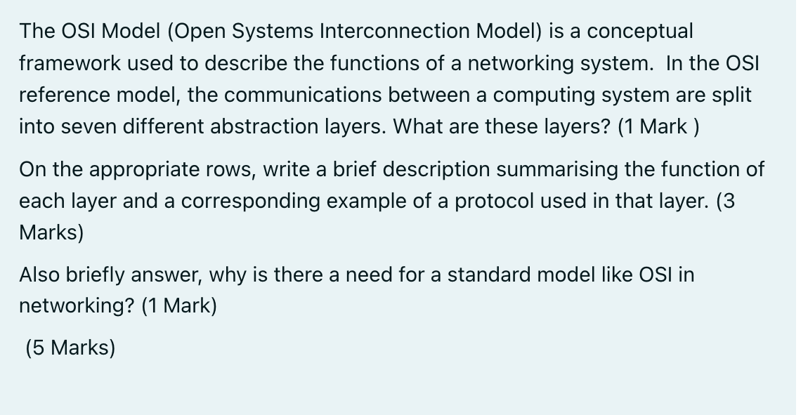 The OSI Model (Open Systems Interconnection Model) is a conceptual framework used to describe the functions of a networking s
