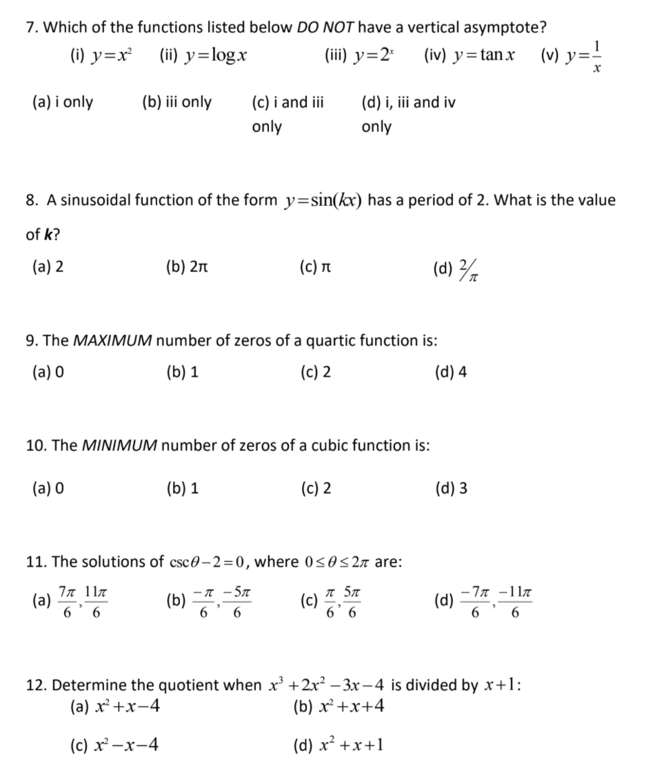 Solved 7. Which of the functions listed below DO NOT have a | Chegg.com