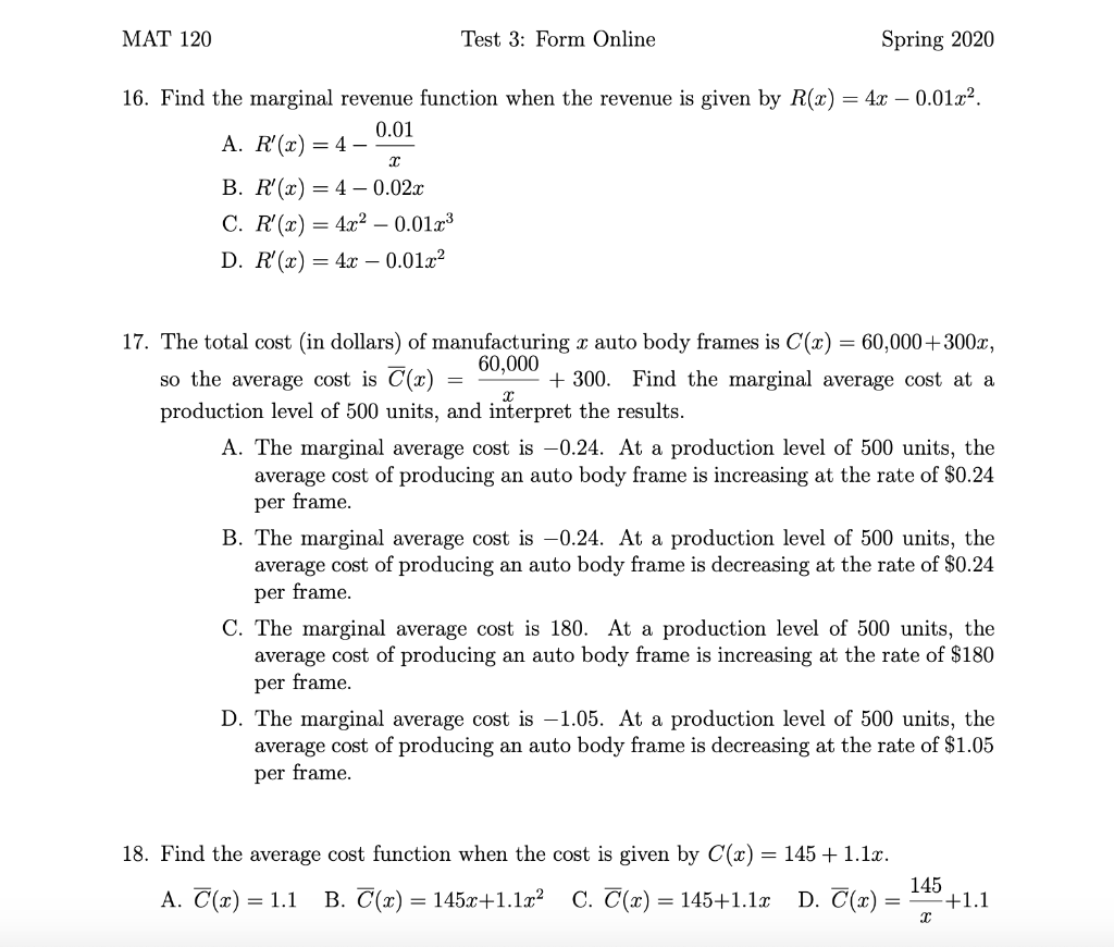 Solved: MAT 120 Test 3: Form Online Spring 2020 16. Find T... | Chegg.com