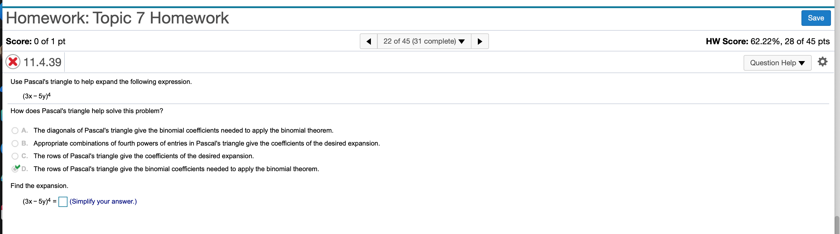 Solved Homework: Topic 7 Homework Save Score: 0 of 1 pt 22 | Chegg.com