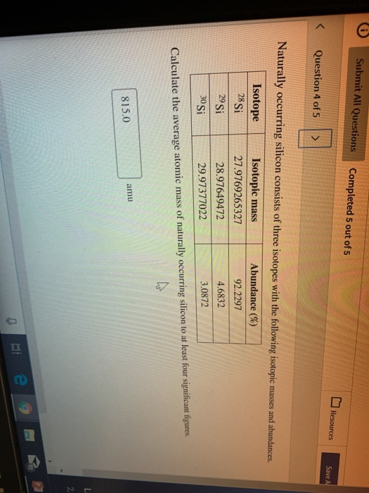 calculate the average atomic mass of naturally occurring silicon
