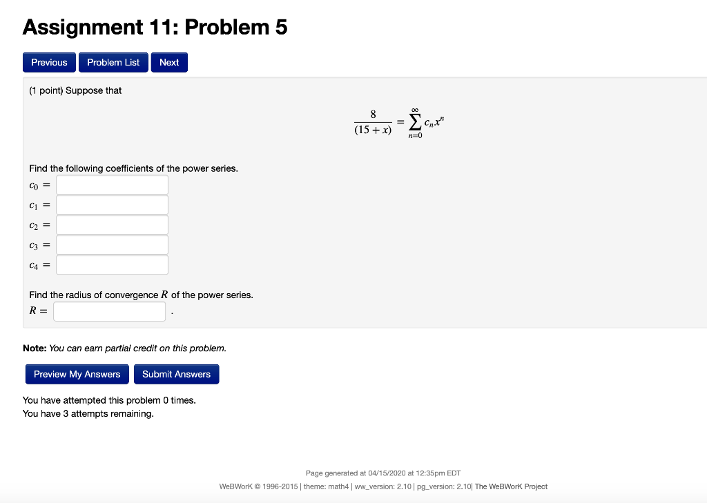 Solved Assignment 11: Problem 5 Previous Problem List Next | Chegg.com