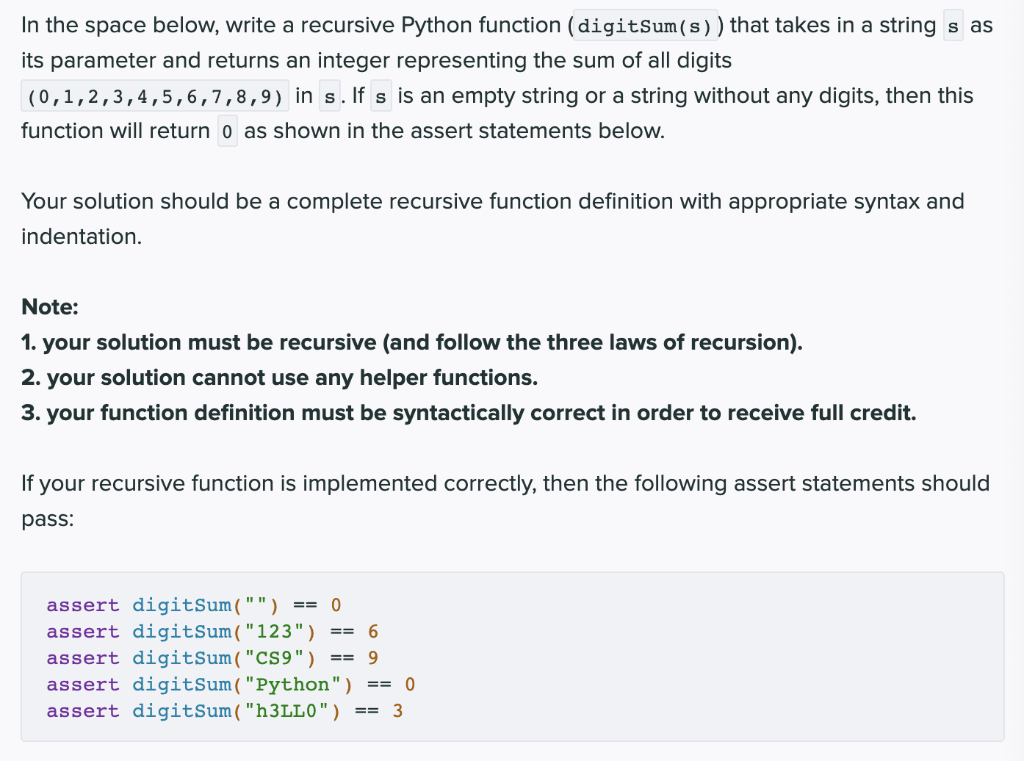 Solved In the space below, write a recursive Python function | Chegg.com