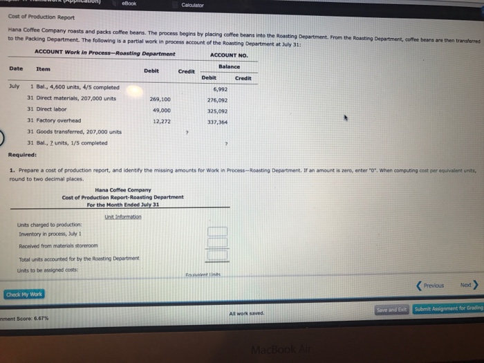 Solved eBook Cost of Production Report Hana Coffee Company