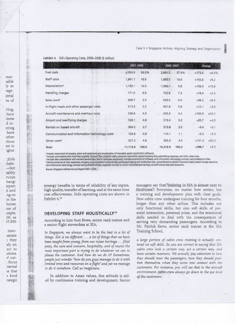 Case 5. Singapore Airlines: Aligning Strategy and Organization Exhibit 6 SIAs Operating costs, 2006-2008 ($ million) 2007-20