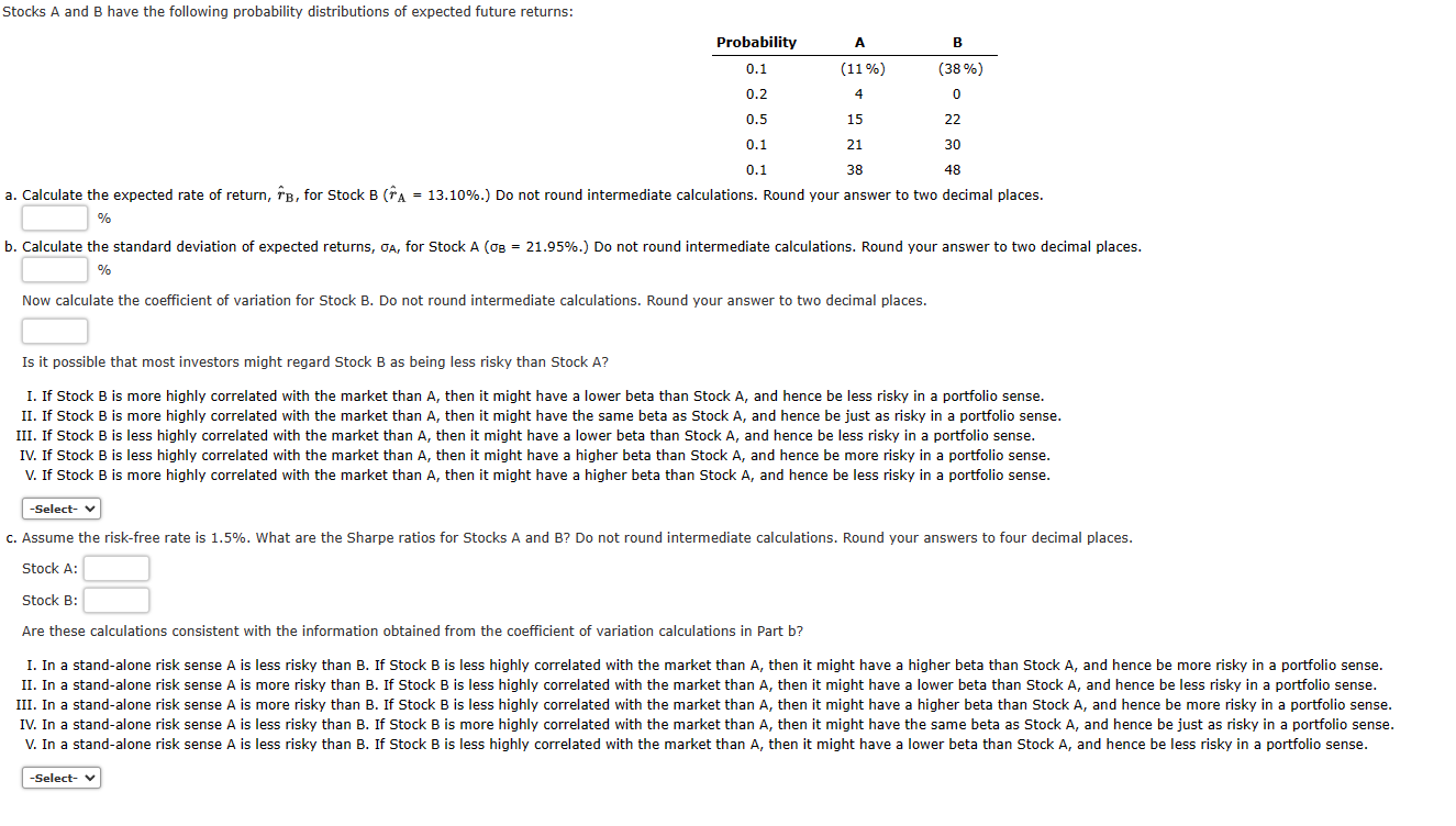 Solved Stocks A And B Have The Following Probability | Chegg.com