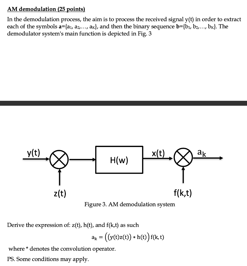 AM demodulation (25 points)
In the demodulation process, the aim is to process the received signal \( y(t) \) in order to ext