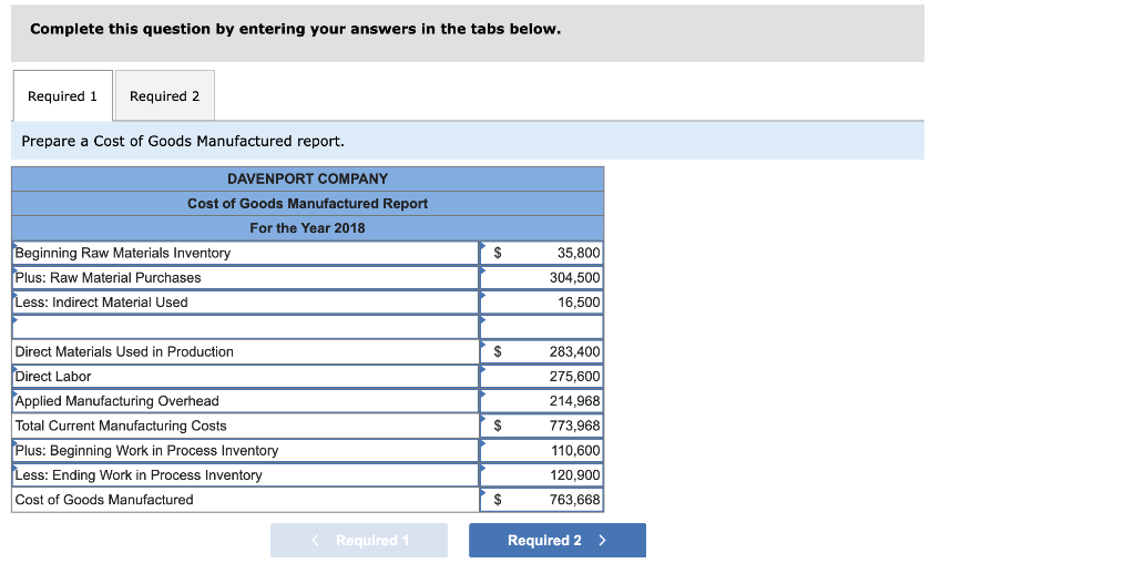 Solved Manufacturing costs for Davenport Company during 2018