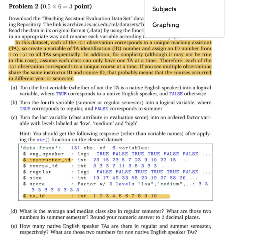 Problem 2 (0.5 x 6 = 3 point) Subjects Download the | Chegg.com