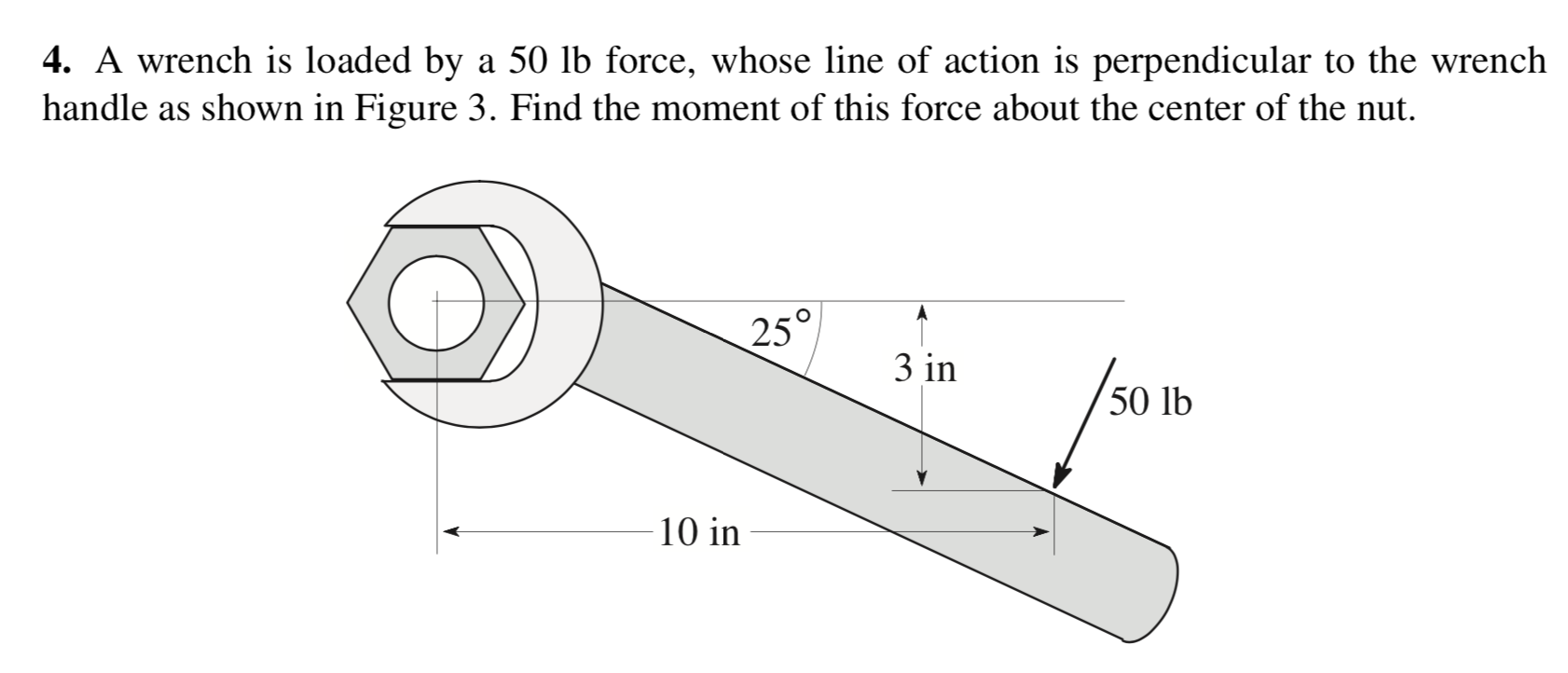 Solved 4. A wrench is loaded by a 50 lb force, whose line of