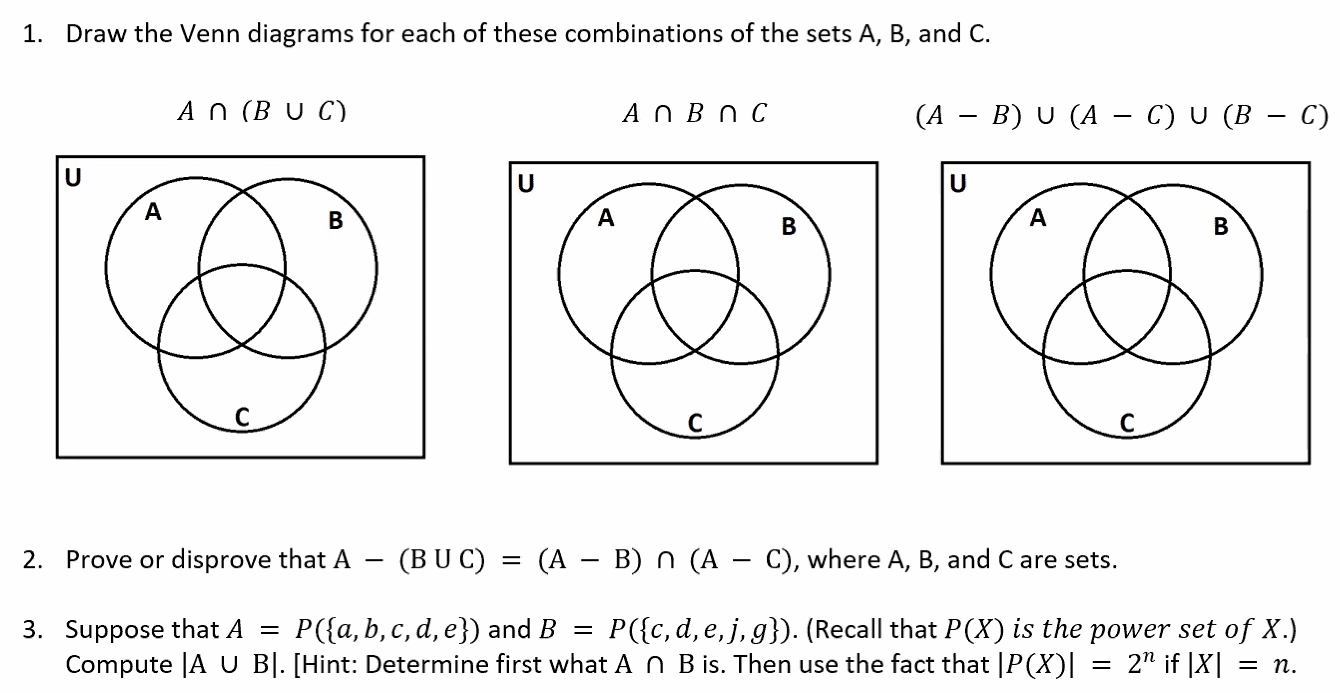 Solved 1. Draw the Venn diagrams for each of these | Chegg.com