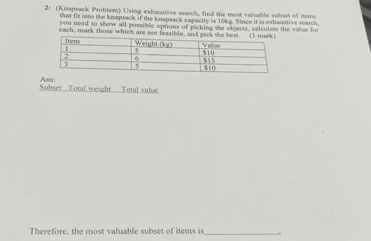 Solved 2 (Knapsack Problem) Using exhaustive search, find