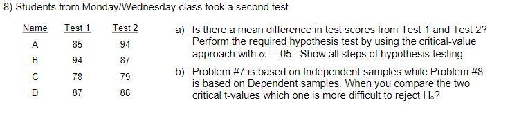Solved 8) Students from Monday/ Wednesday class took a | Chegg.com