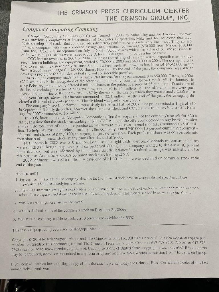 Solved THE CRIMSON GROUP, INC. Compact Computing Company | Chegg.com