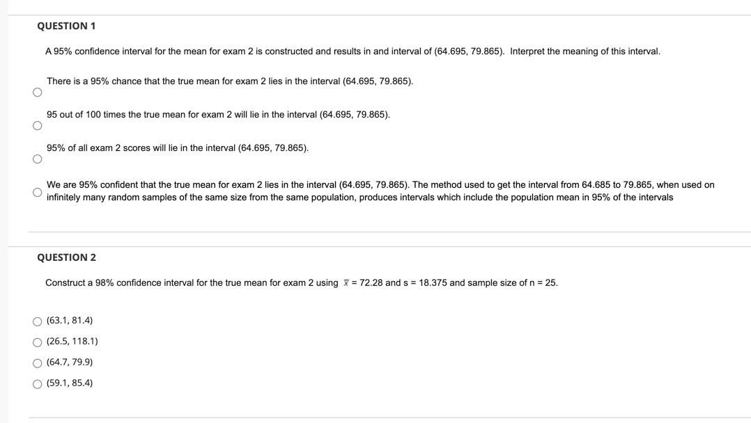 Solved QUESTION 1 A 95% confidence interval for the mean for | Chegg.com