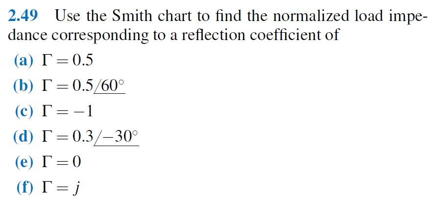 Solved = 2.49 Use the Smith chart to find the normalized | Chegg.com