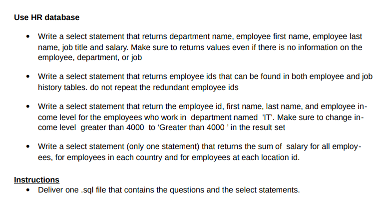 Solved Use HR database Write a select statement that returns | Chegg.com