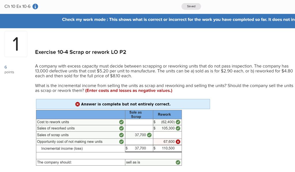 Solved Ch 10 Ex 10-6 Saved Check My Work Mode: This Shows | Chegg.com