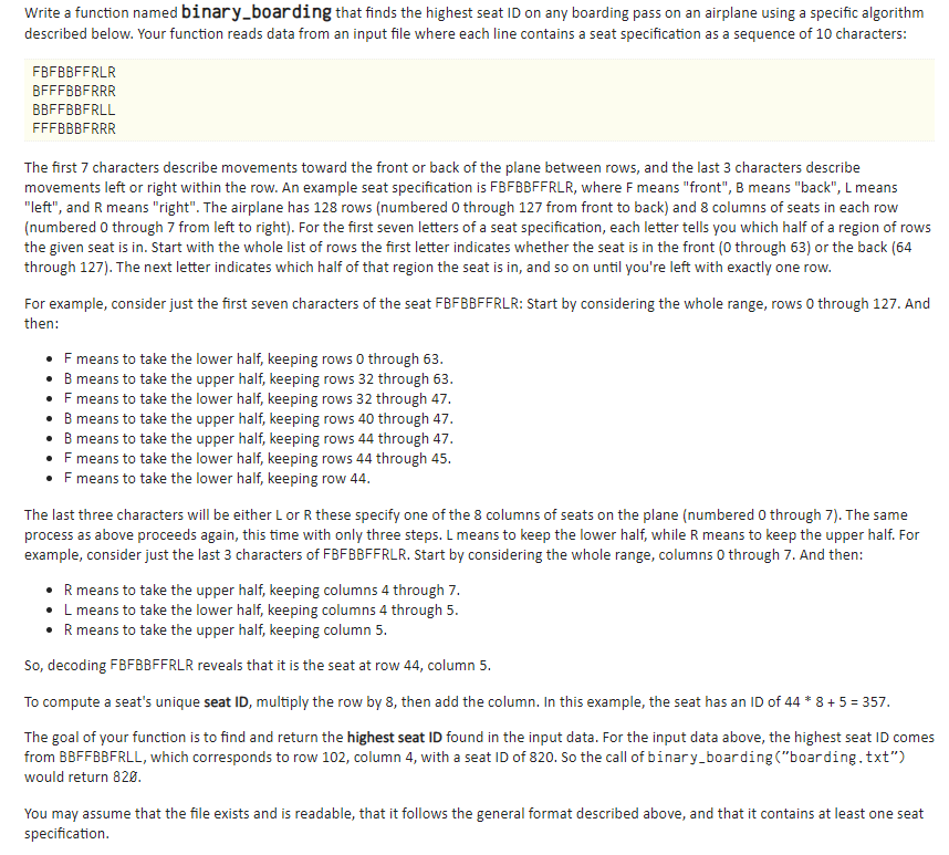 Solved Write a function named binary boarding that finds the